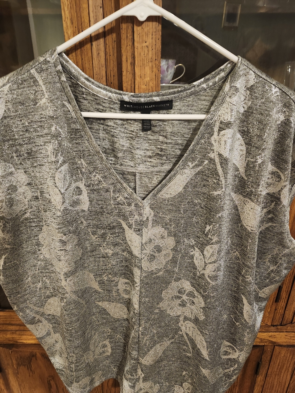 White House Black Market Gray Floral V-Neck Tunic Metalic